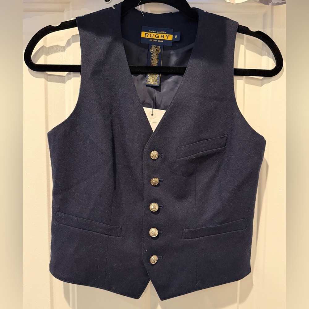 NWT Rugby Ralph Lauren Wool Button Up Navy Blue Vest Sz 0